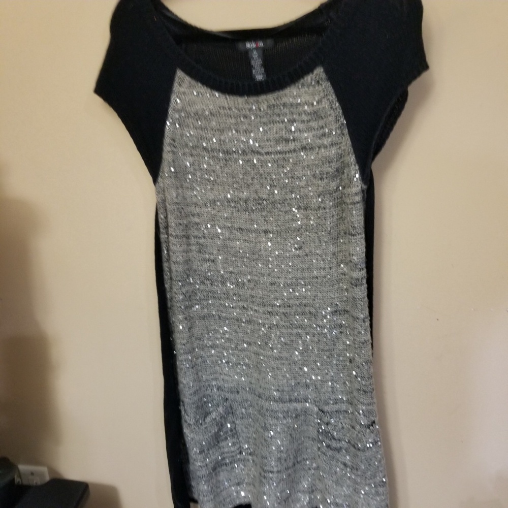 Long, tan sparkly sweater top